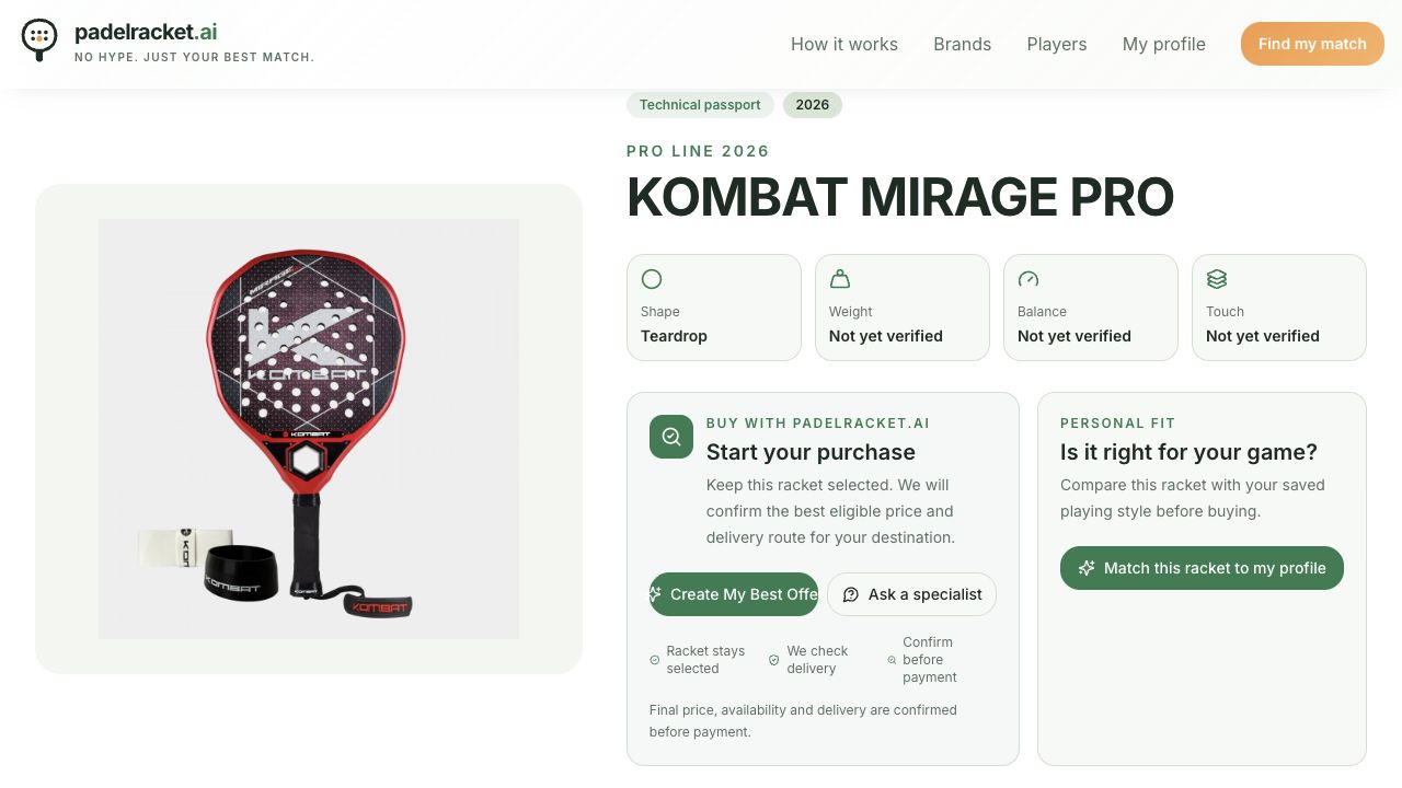 Productpaspoort en koopacties voor de Kombat Mirage Pro