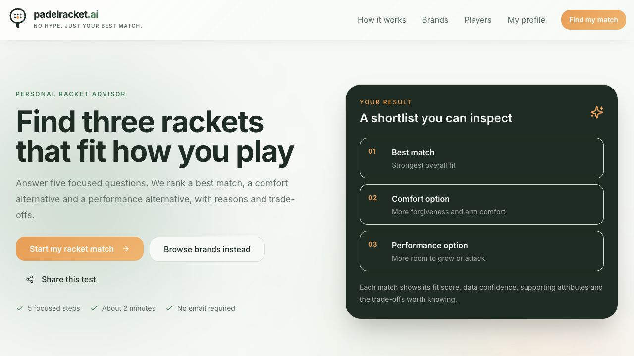 Startpagina van de Padelracket.ai persoonlijke racketwizard
